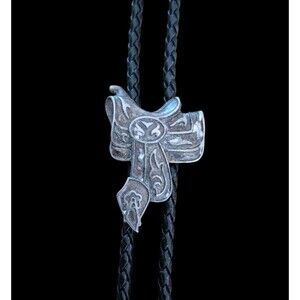 Western Horse Saddle Bolo Tie Black Cord Silver Tips Vintage Southwestern